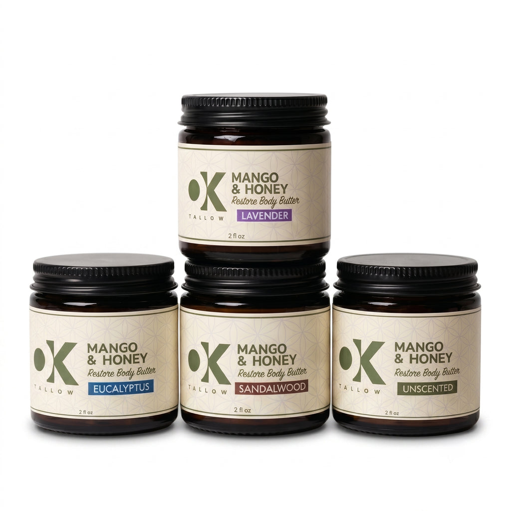 OK Tallow RESTORE Body Butter Bundle all 4 scents 2oz stacked