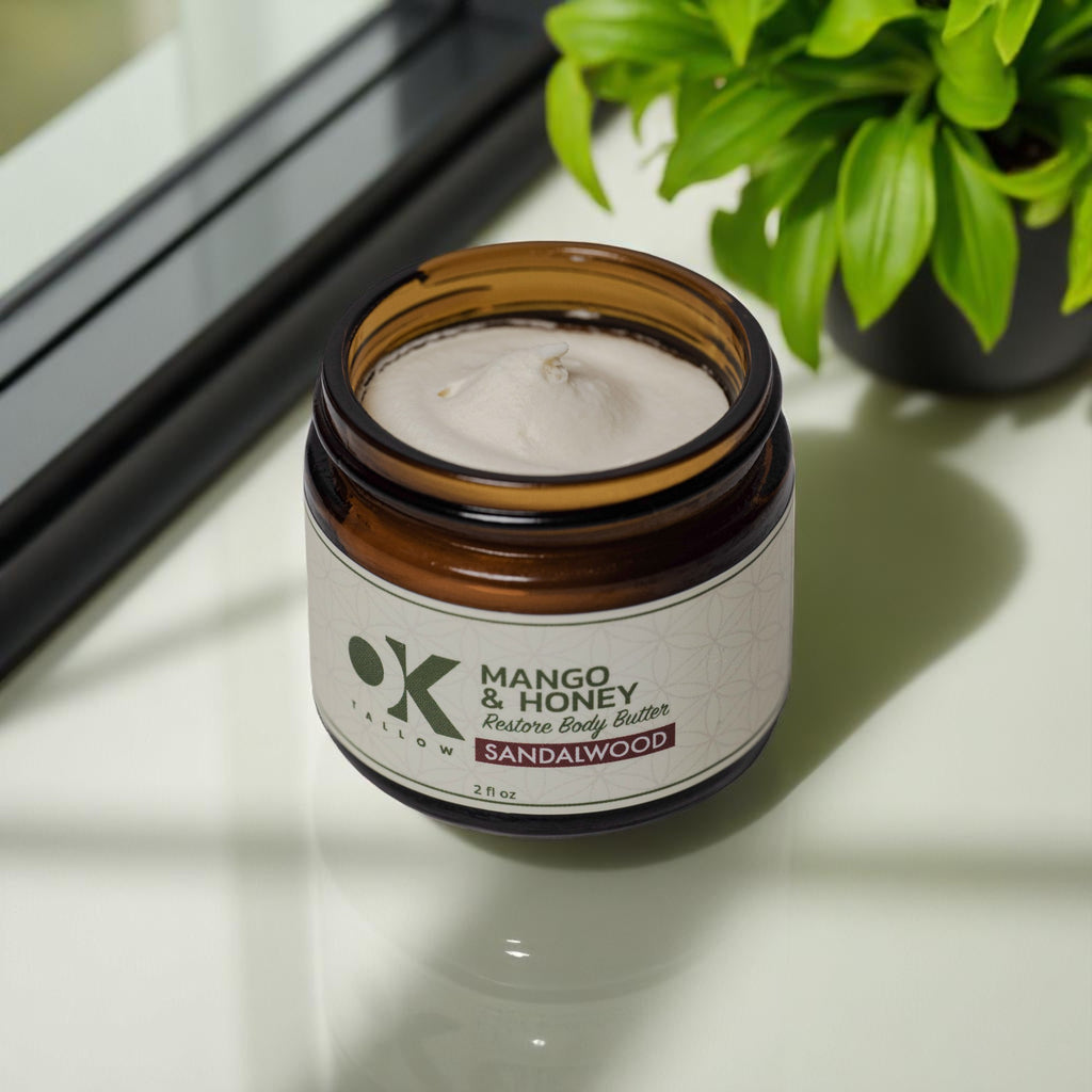OK Tallow RESTORE Sandalwood body butter texture — grass-fed tallow with mango butter