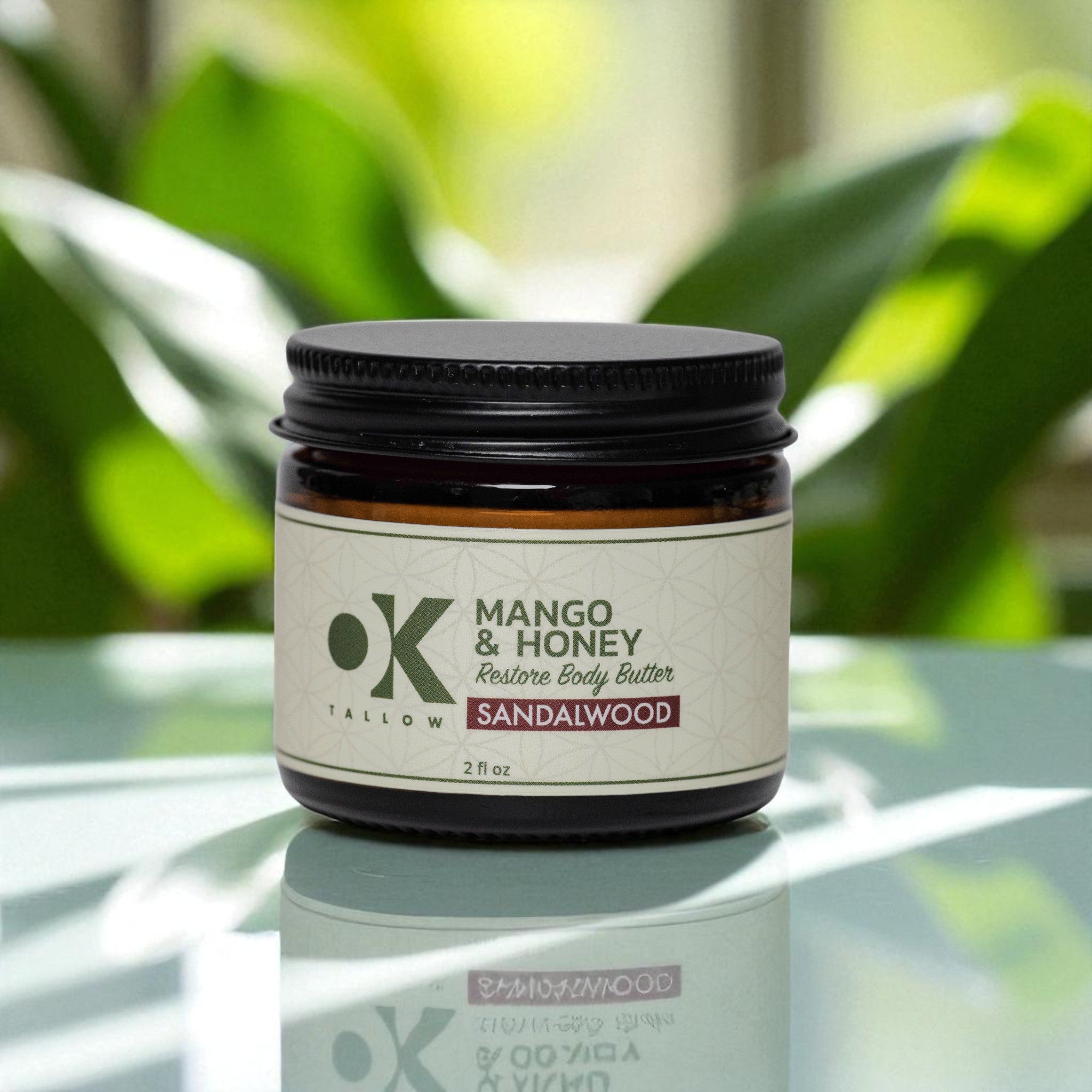OK Tallow RESTORE Sandalwood body butter texture — grass-fed tallow with mango butter