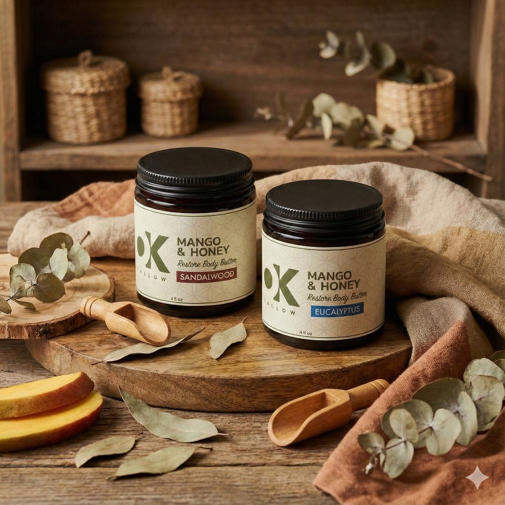 OK Tallow RESTORE Body Butter bundle lifestyle flat lay