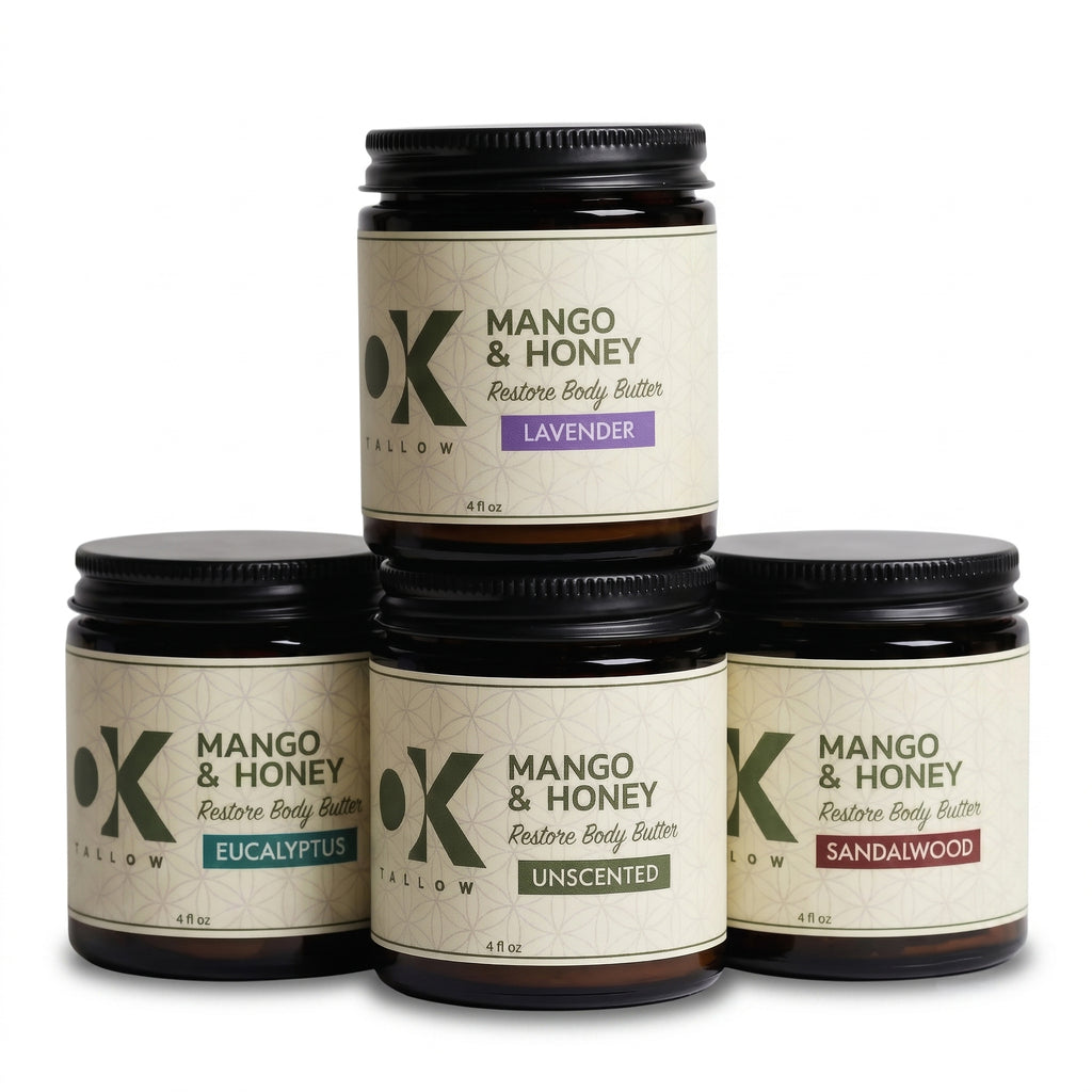 OK Tallow RESTORE Body Butter Bundle all 4 scents 4oz stacked