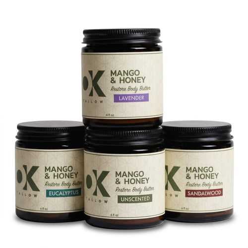 OK Tallow RESTORE Body Butter Bundle all 4 scents 4oz stacked
