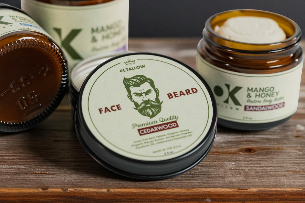 OK Tallow REJUVENATE Face and Beard Balm on wood surface