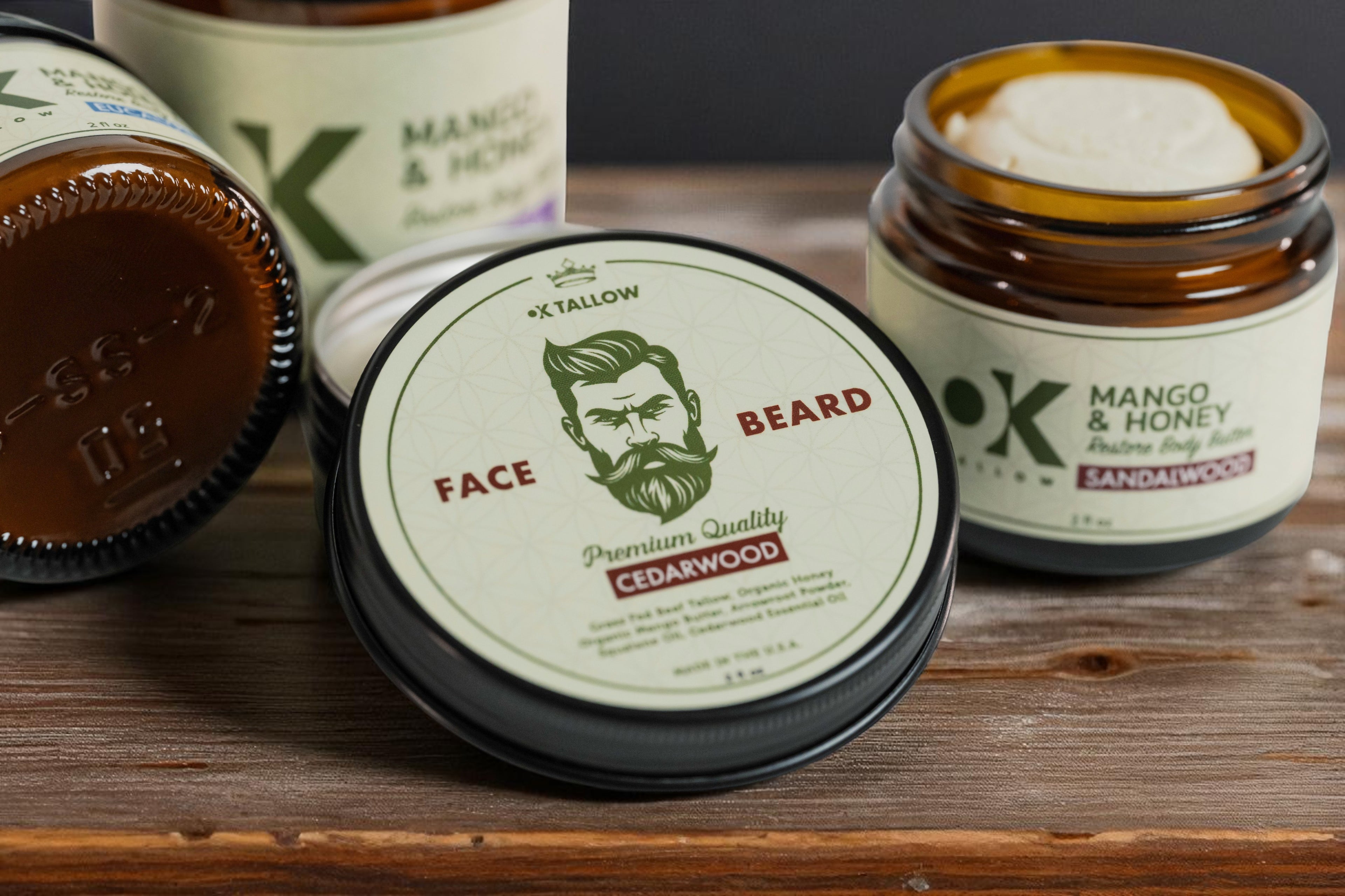 OK Tallow REJUVENATE Face and Beard Balm on wood surface