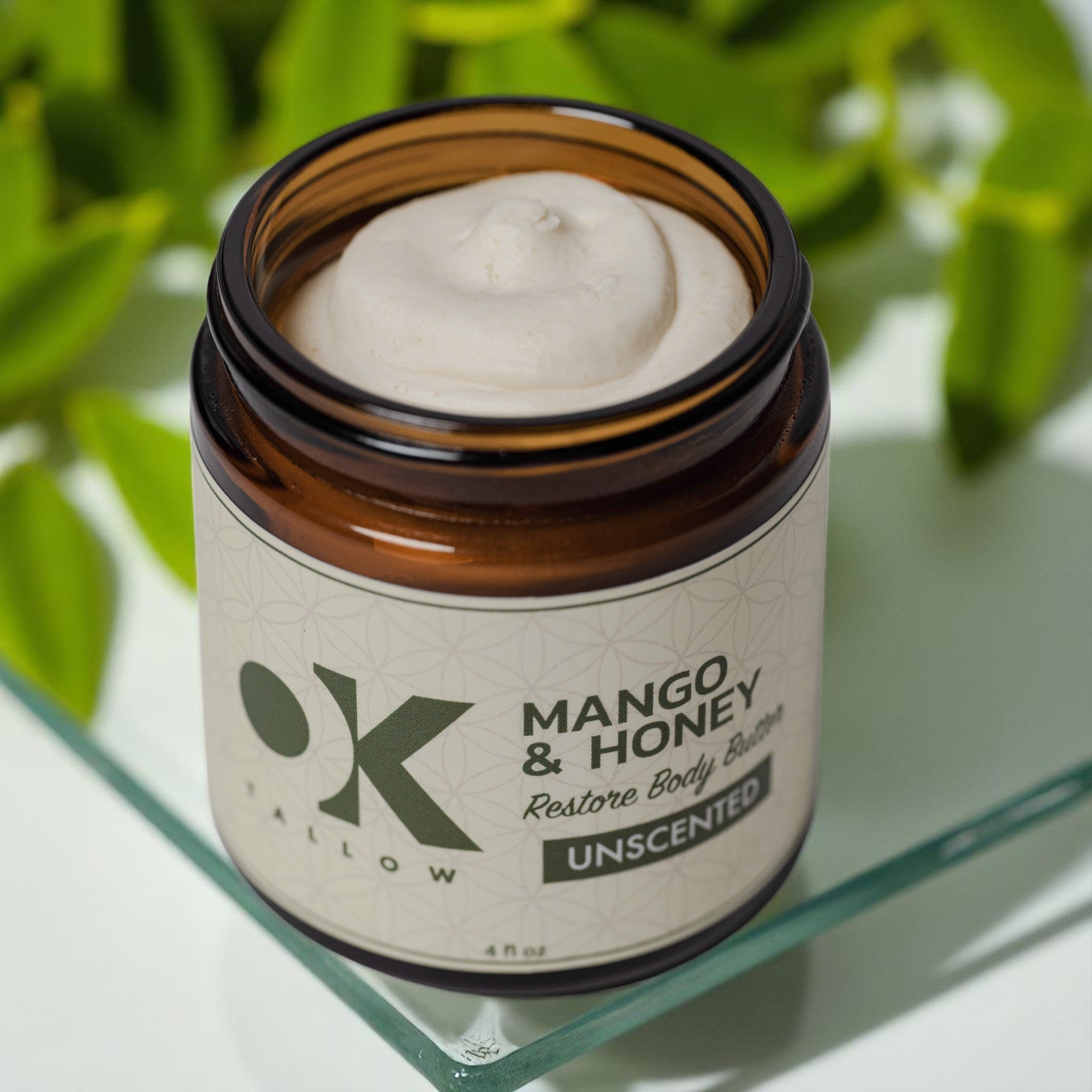 OK Tallow RESTORE Unscented body butter texture — grass-fed tallow with mango butter