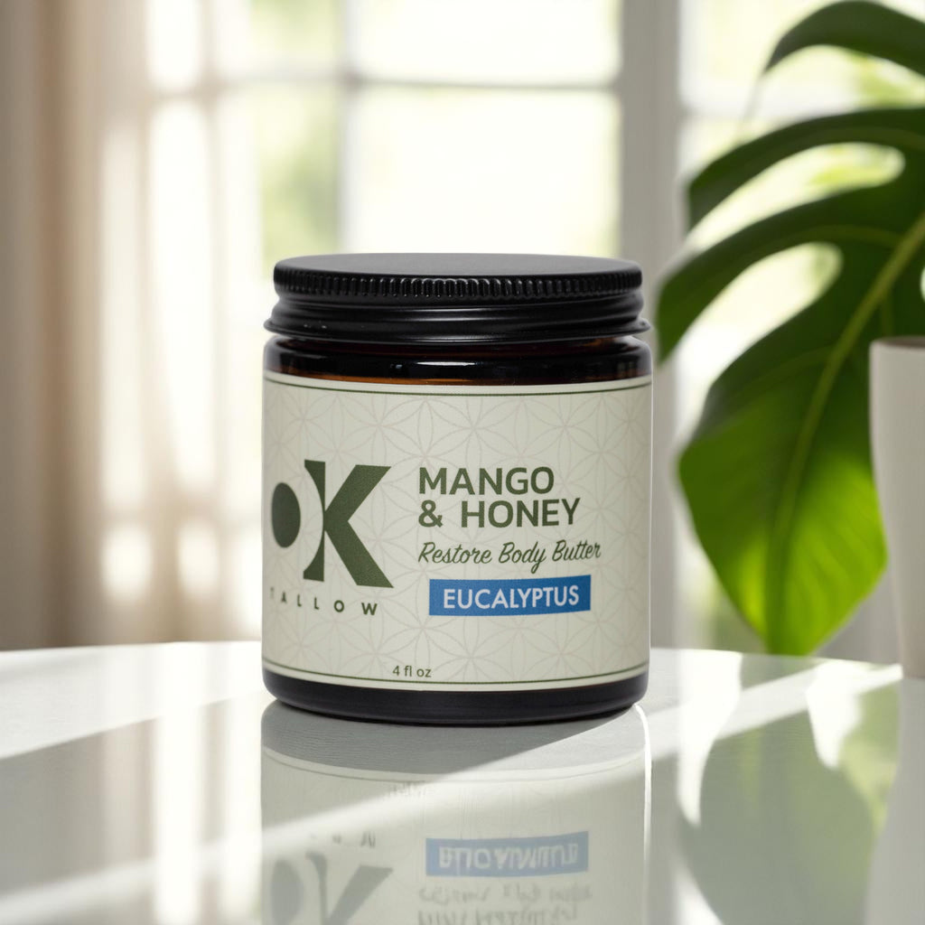 OK Tallow RESTORE Body Butter Eucalyptus texture — grass-fed tallow with mango butter